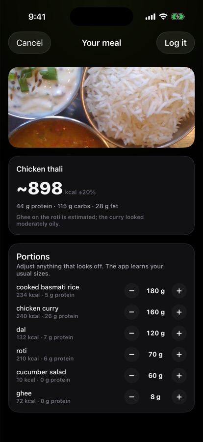 A plate analysed into ingredients with adjustable portions