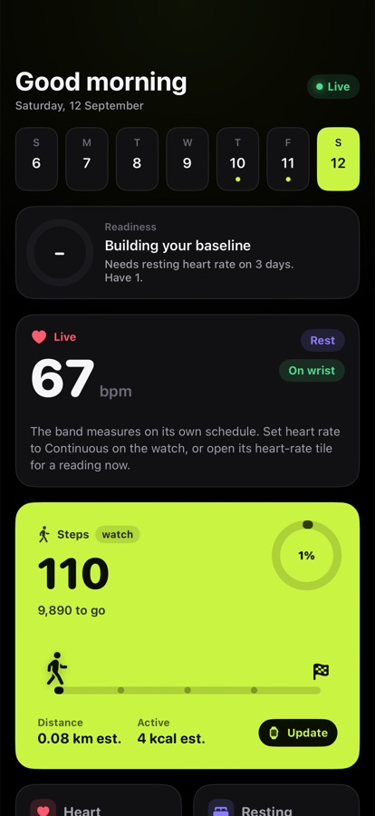 Today screen with readiness and live heart rate