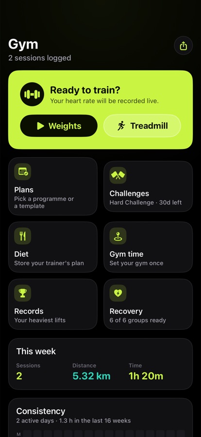 Train screen with the start card and feature grid